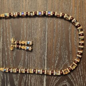 24" Swarovski crystals cube pearl post vermail with gold earrings